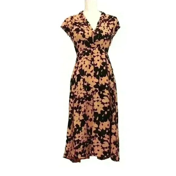 Urban Outfitters Daisy Print Midi Dress Black/Tan Short Sleeve Size XS - Picture 1 of 9
